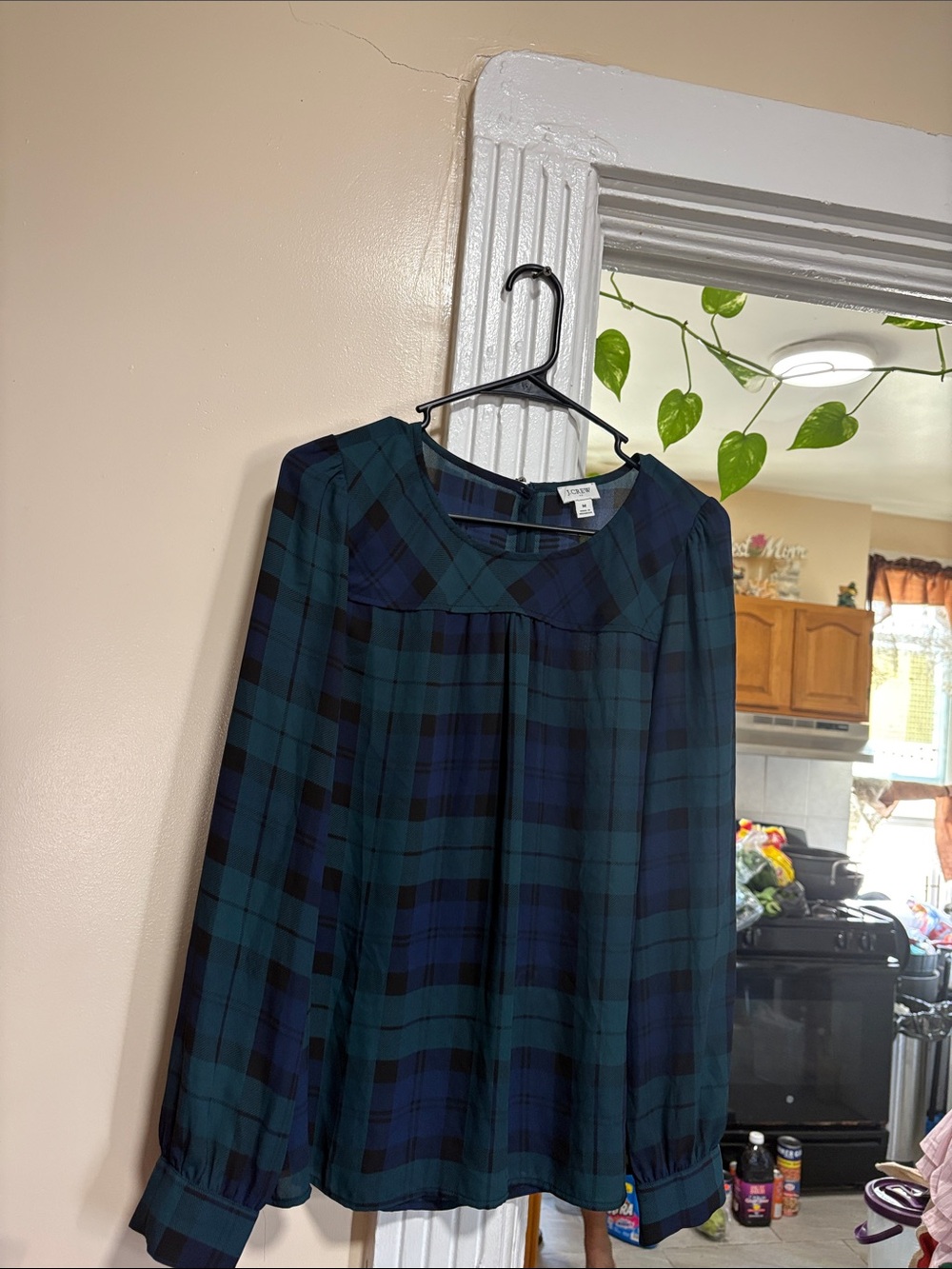 J. Crew Teal and Navy Plaid Long-Sleeve Blouse Dress